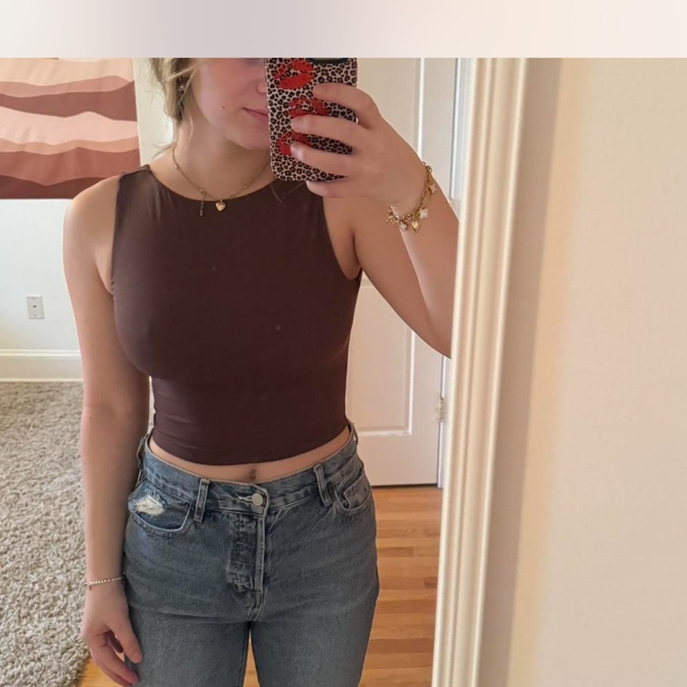 Brown High Neck Low Back Top